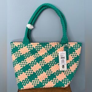Wildfox Large Green and Peach Woven Tote Bag Beach Bag  Travel Tote Bag NEW